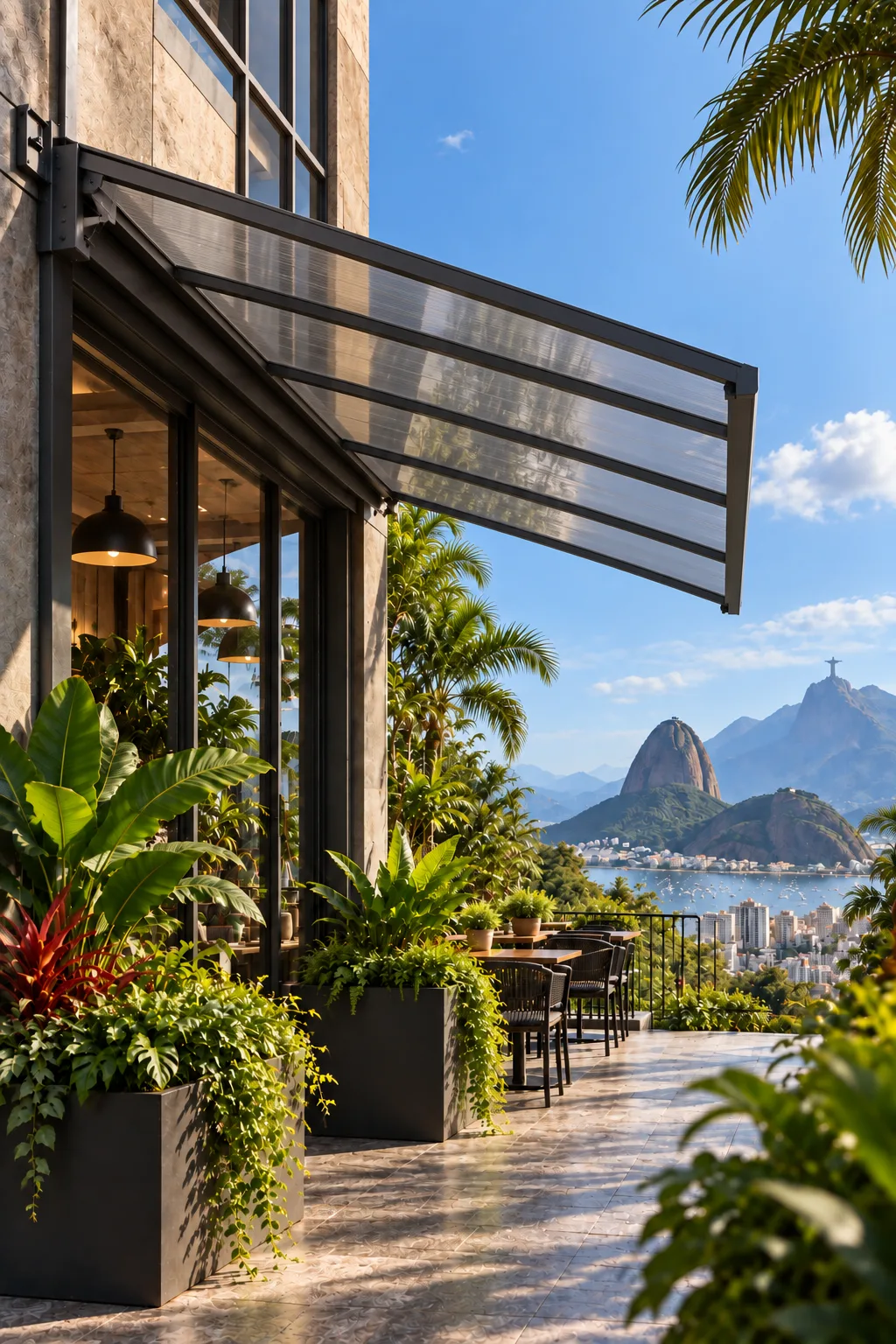 Fachada no Rio de Janeiro com cobertura translúcida de policarbonato e estrutura metálica, com o Pão de Açúcar e o Cristo Redentor ao fundo